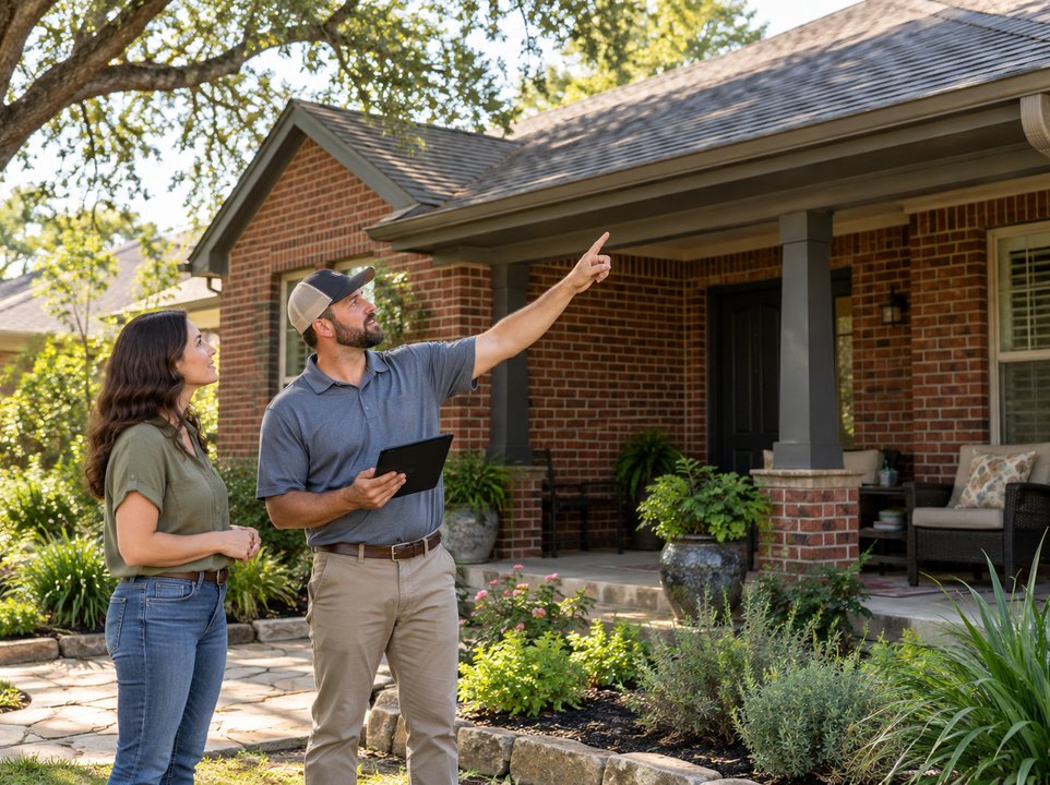 Homeowner and inspector reviewing a shingle roof and gutters from the ground with a tablet
