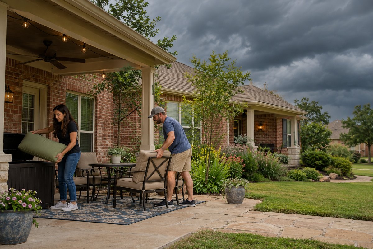 Residents putting away patio cushions and moving outdoor chairs before an approaching storm