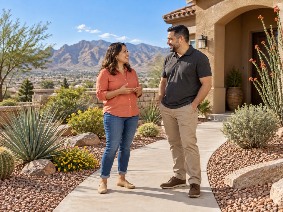 El Paso homeowners insurance: couple outside a home with a landscaped front yard