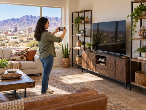 Homeowner photographing living-room belongings with a phone for a personal property inventory