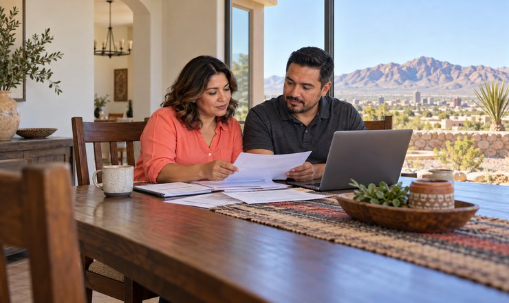 Couple comparing El Paso home insurance quotes with a laptop and coverage paperwork