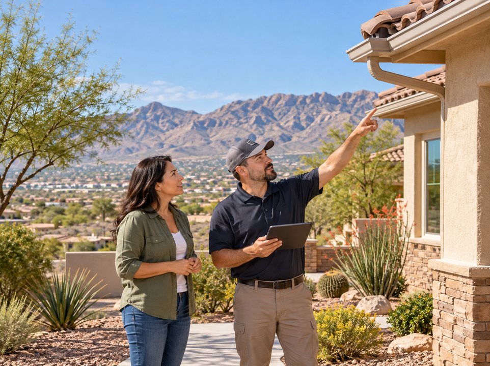 Homeowner and inspector reviewing a shingle roof and gutters from the ground with a tablet