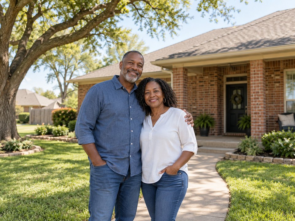 Fort Worth homeowners insurance: couple outside a red brick ranch home