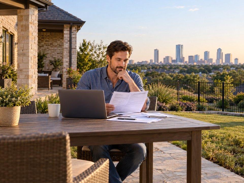 Homeowner comparing Fort Worth home insurance quotes with a laptop and coverage paperwork