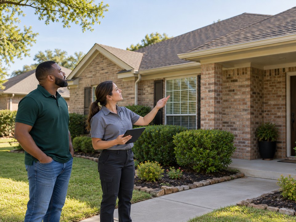 Homeowner and inspector discussing asphalt shingle roof condition