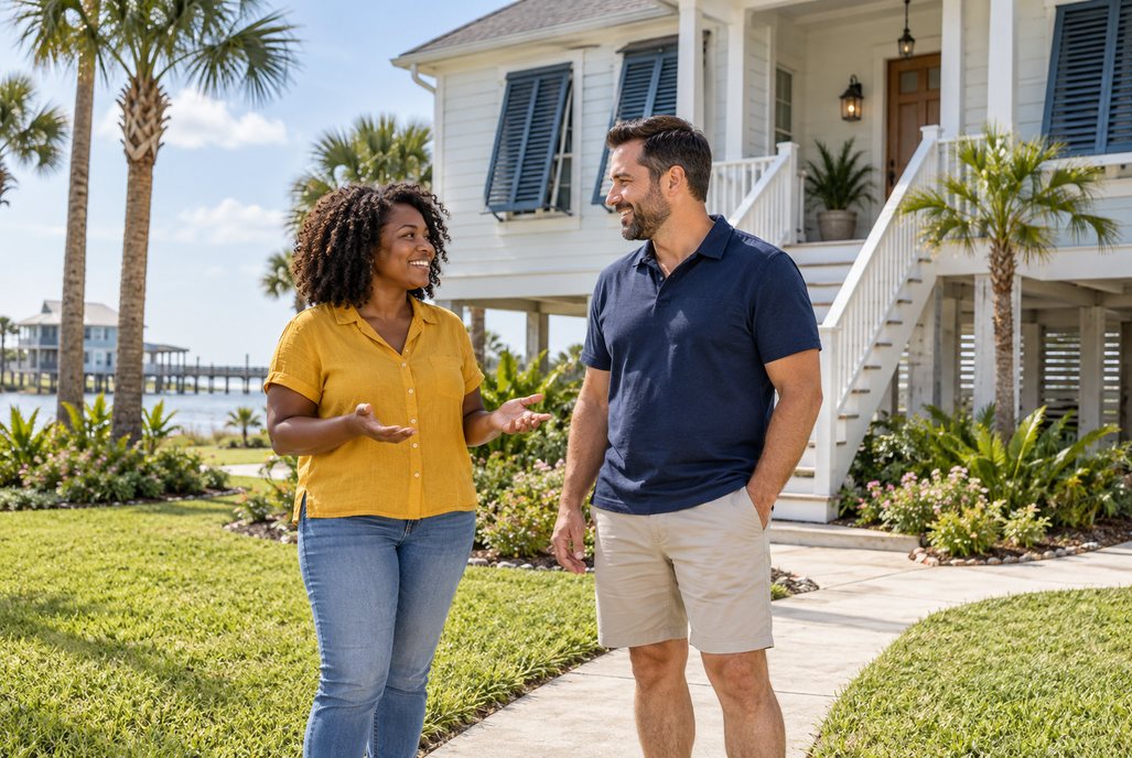 Galveston homeowners insurance: couple outside a home with a landscaped front yard