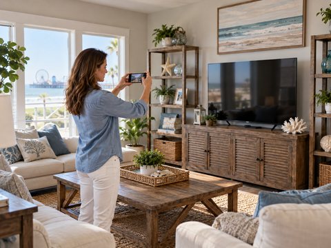 Homeowner photographing living-room belongings with a phone for a personal property inventory