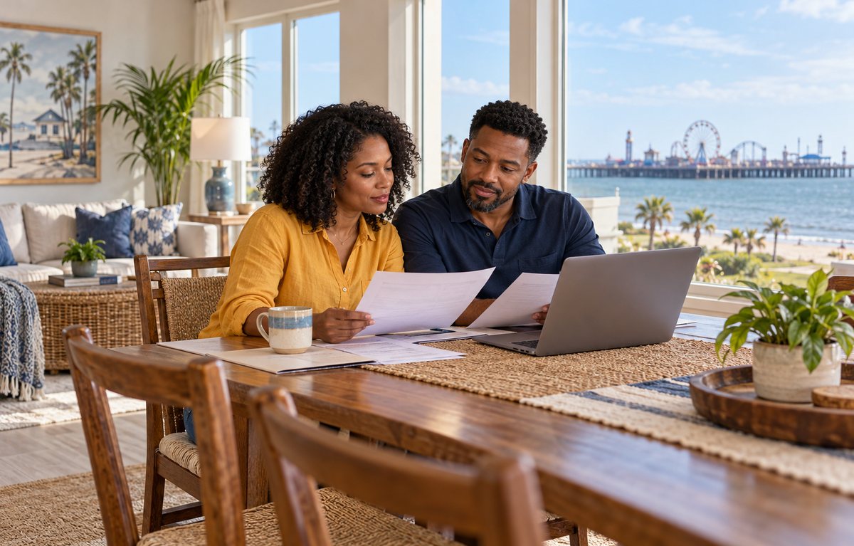 Couple comparing Galveston home insurance quotes with a laptop and coverage paperwork
