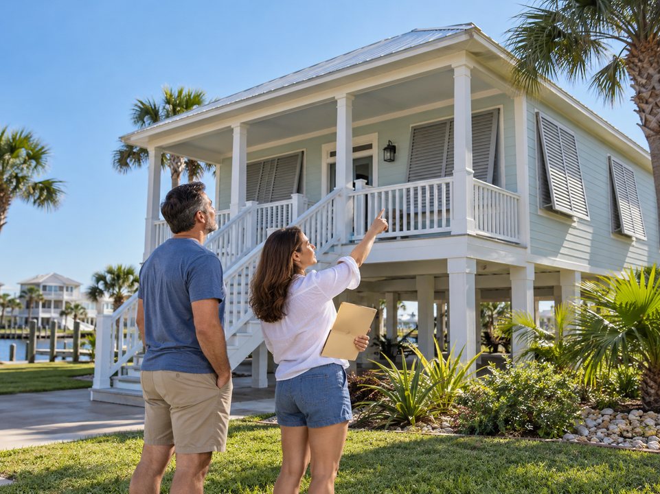 Residents reviewing window shutters outside a coastal home