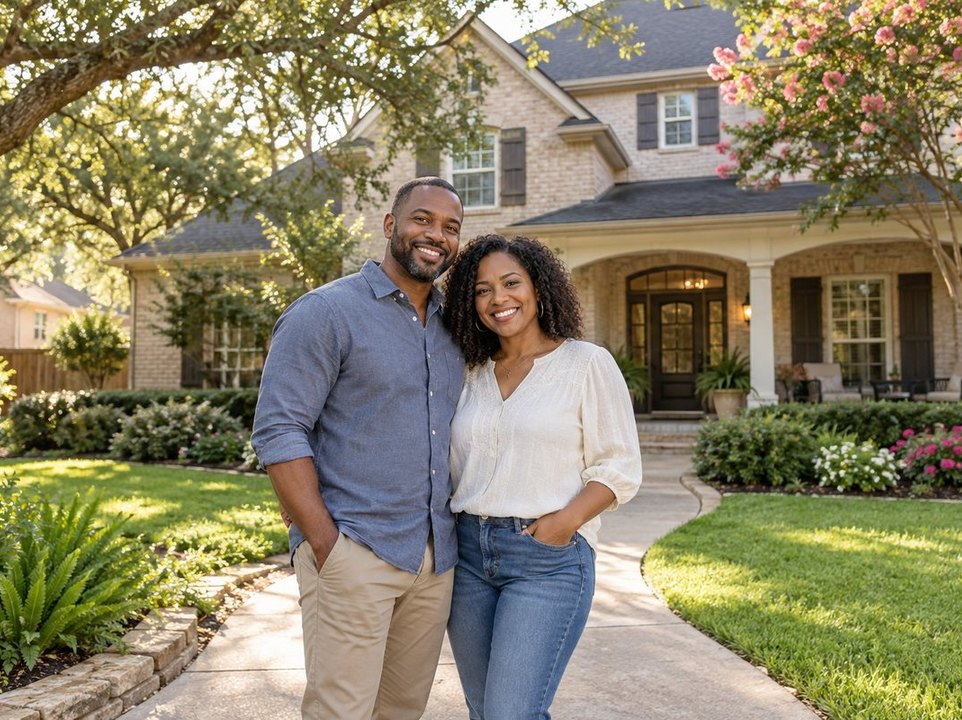 Houston homeowners insurance: couple outside their two-story brick home