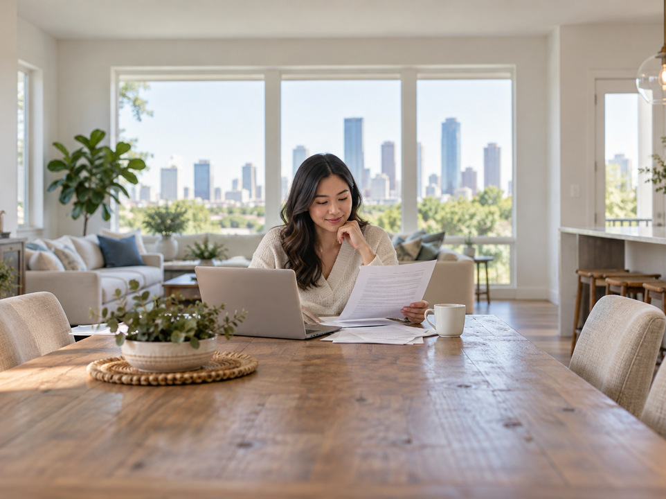 Homeowner comparing Houston home insurance quotes on a laptop with coverage paperwork