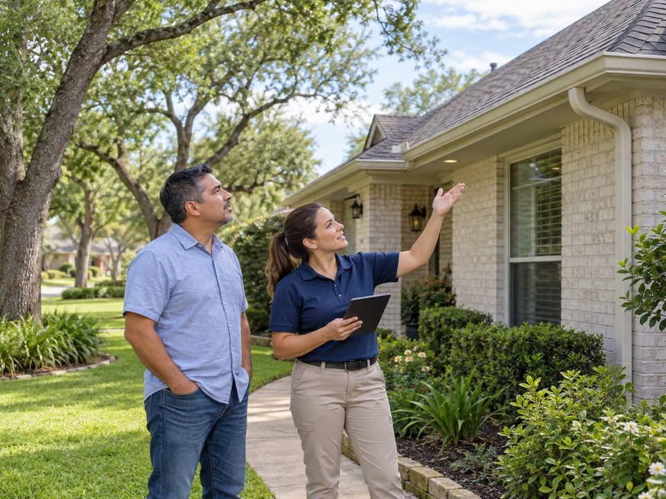 Iinspector checking roof and gutter details for Houston home insurance coverage