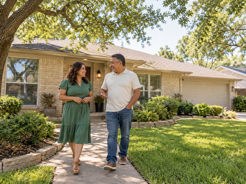 Irving homeowners insurance: couple outside a brick home with a landscaped front yard
