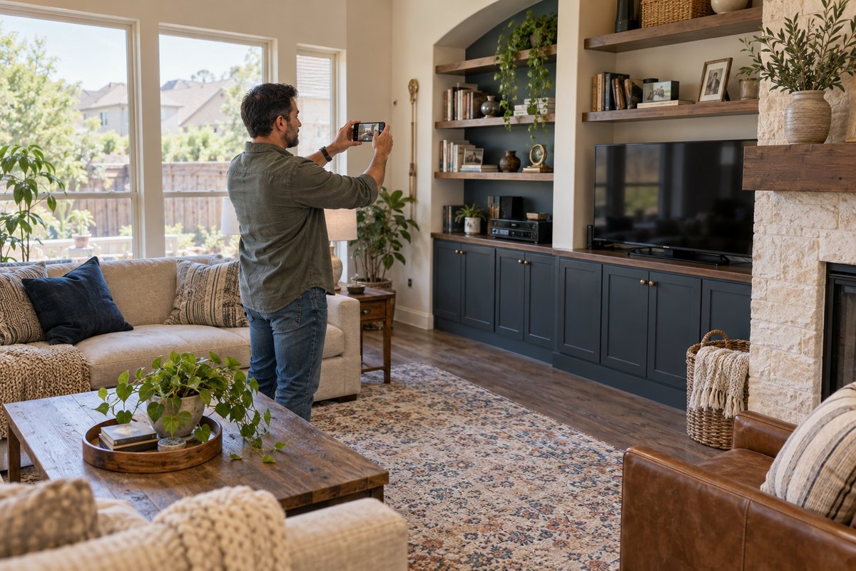 Homeowner photographing living-room belongings with a phone for a personal property inventory