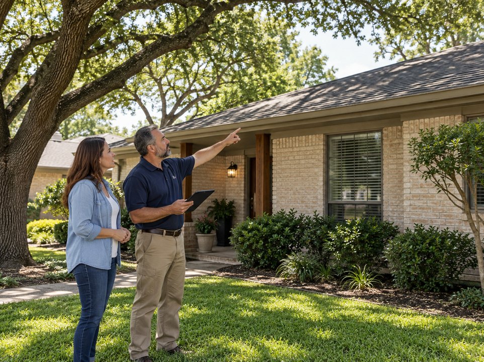 Homeowner and inspector reviewing a shingle roof and gutters from the ground with a tablet