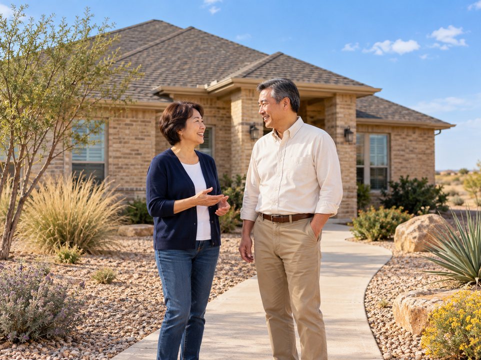 Midland homeowners insurance: couple outside a home with a landscaped front yard