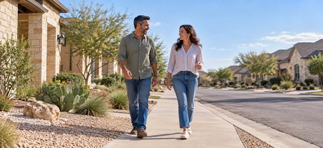 Couple walking along a residential street lined with homes