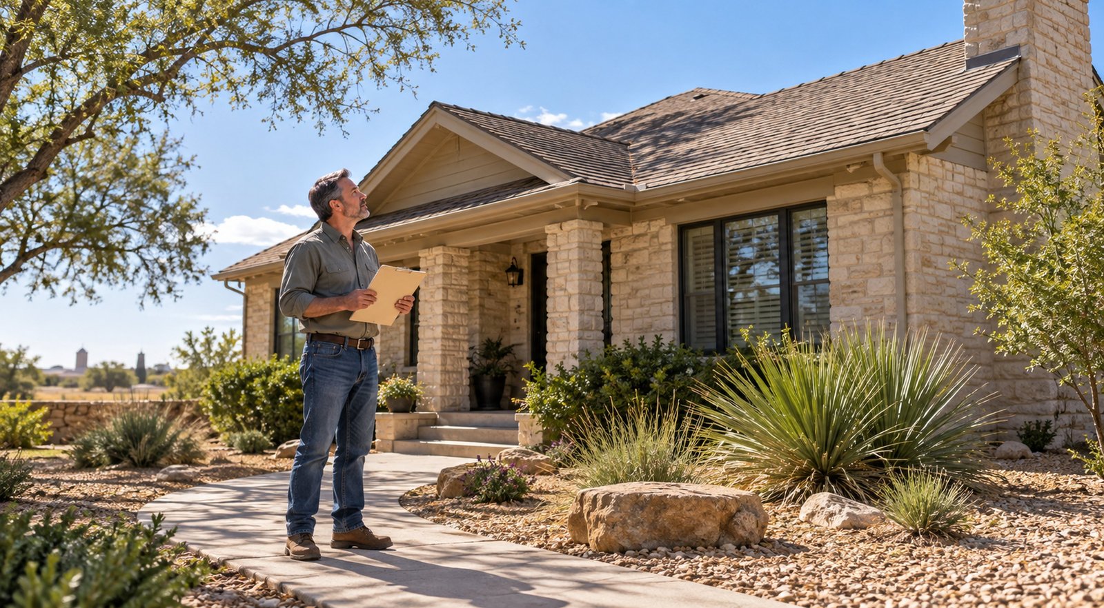 Homeowner holding paperwork outside an established home