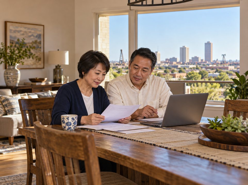 Couple comparing Midland home insurance quotes with a laptop and coverage paperwork