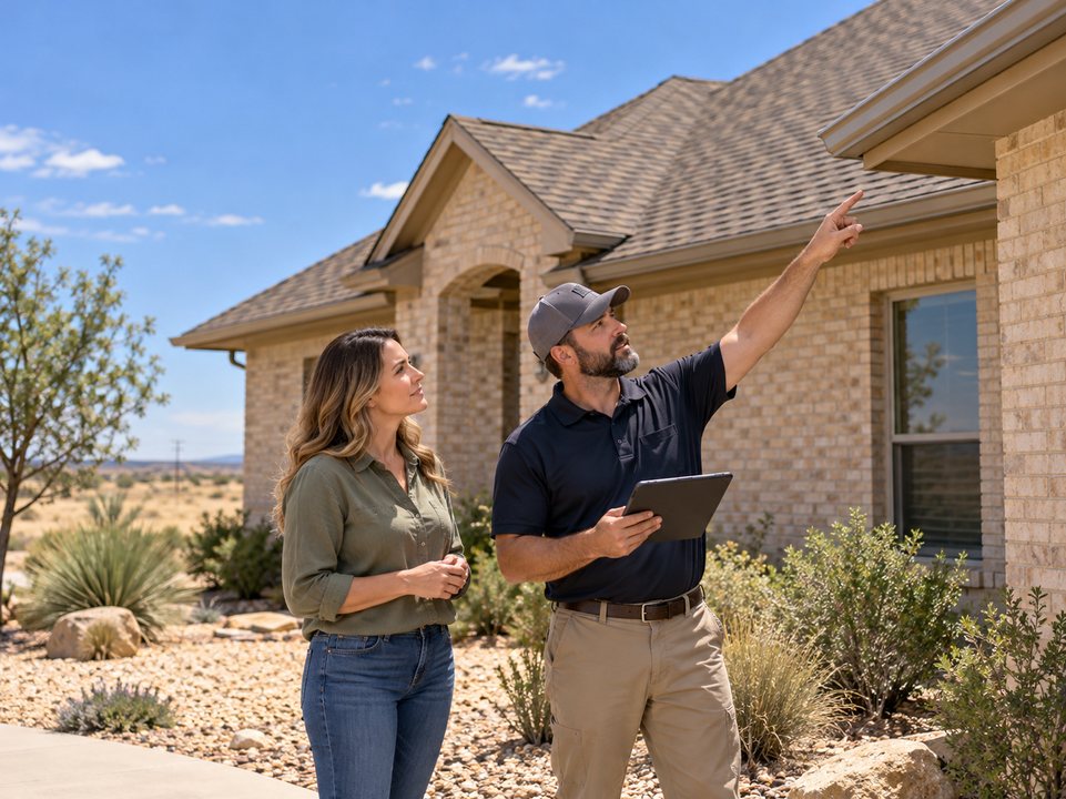 Homeowner and inspector reviewing a shingle roof and gutters from the ground with a tablet