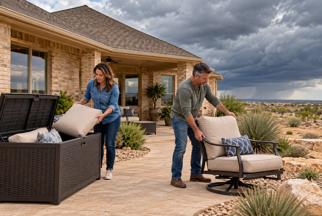 Residents putting away patio cushions and moving outdoor chairs before an approaching storm