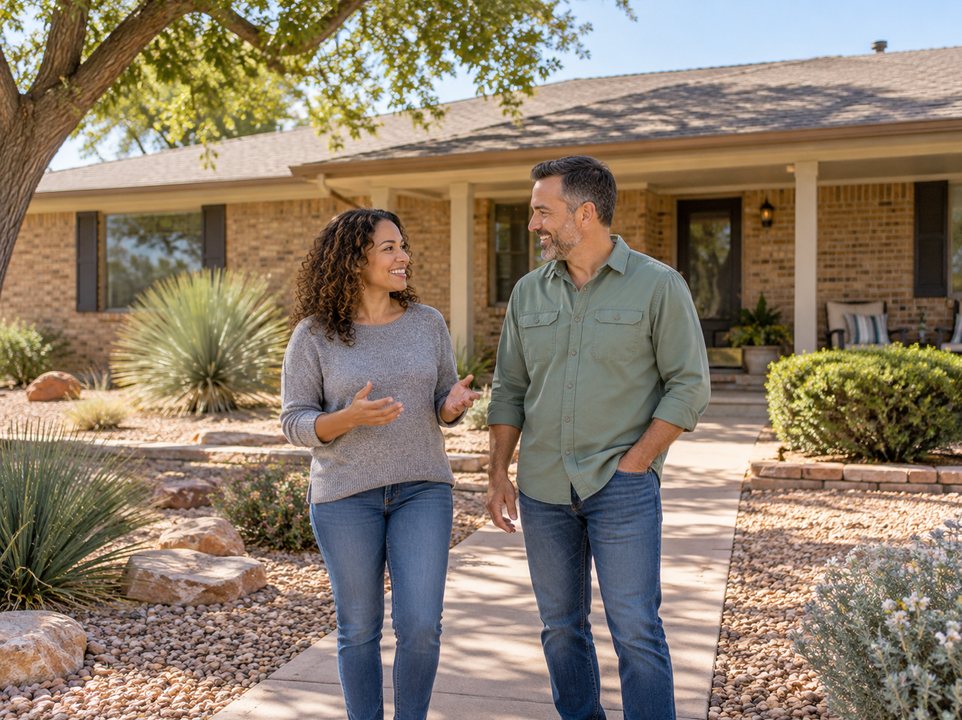 Odessa homeowners insurance: couple outside a home with a landscaped front yard