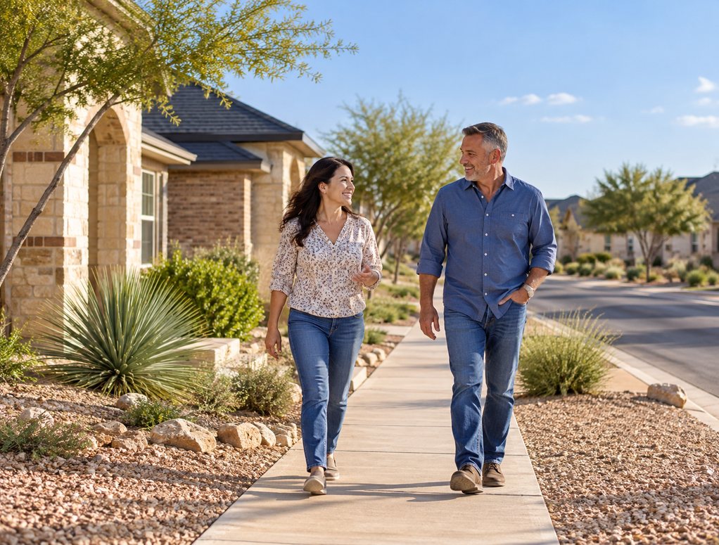 Couple walking along a residential street lined with homes