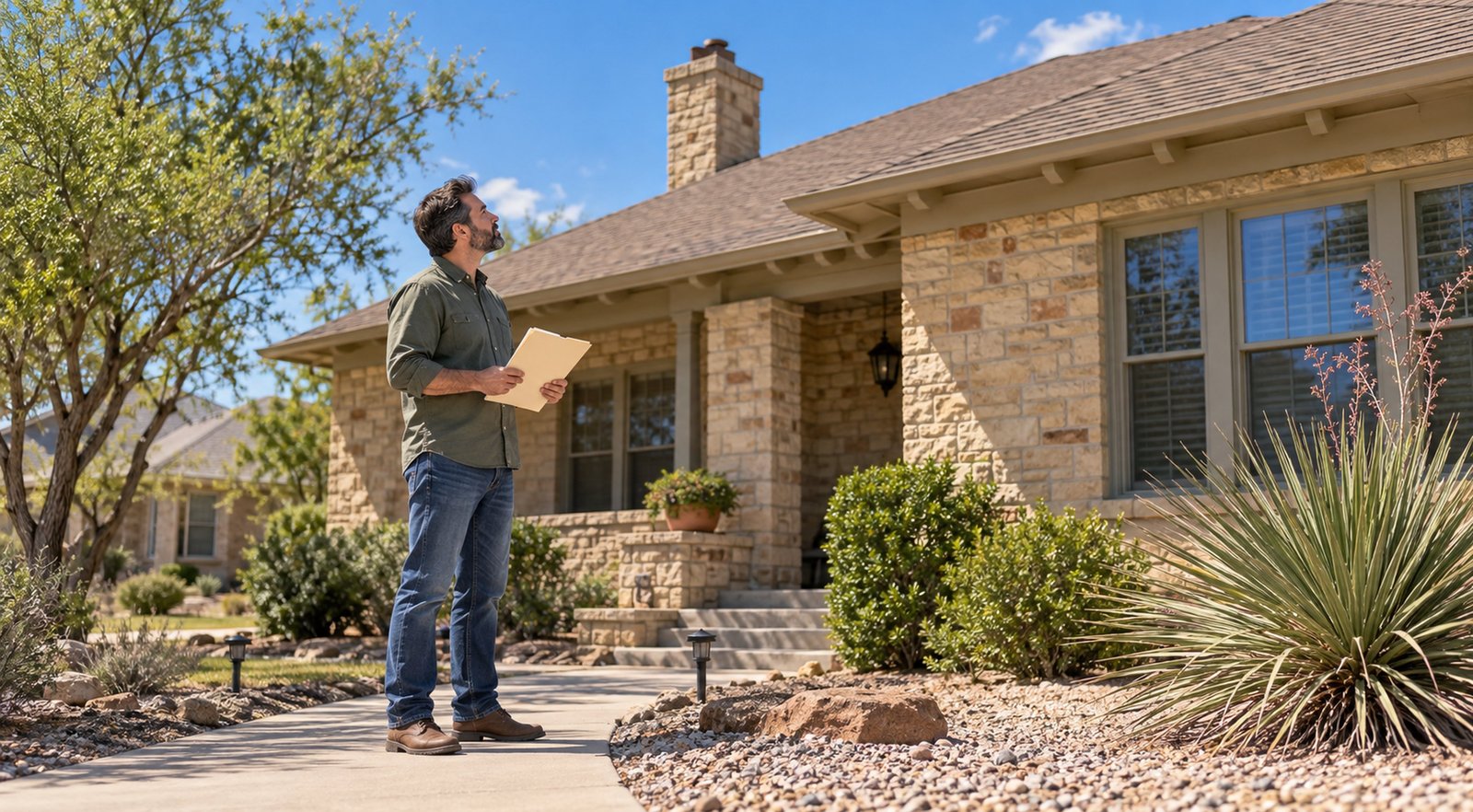 Homeowner holding paperwork outside an established home