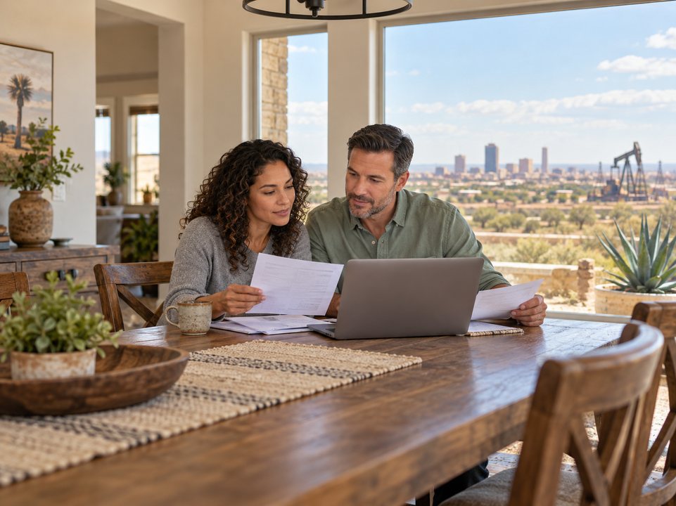 Couple comparing Odessa home insurance quotes with a laptop and coverage paperwork