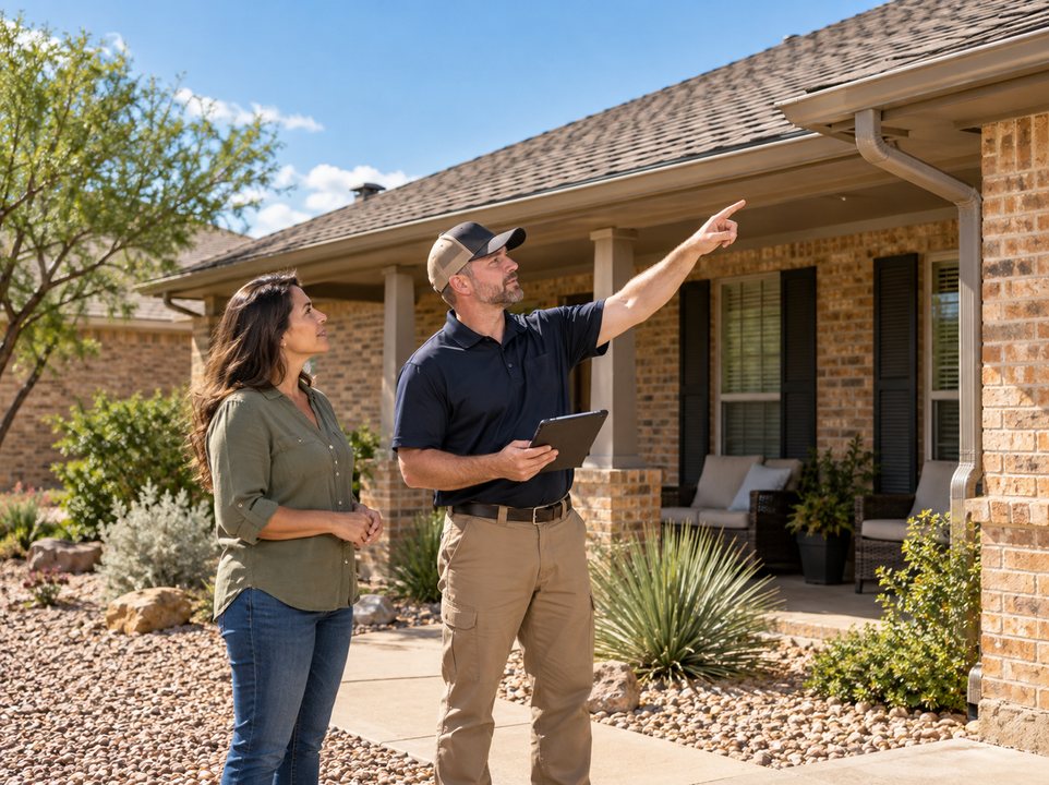 Homeowner and inspector reviewing a shingle roof and gutters from the ground with a tablet