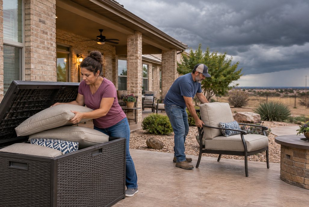 Residents putting away patio cushions and moving outdoor chairs before an approaching storm