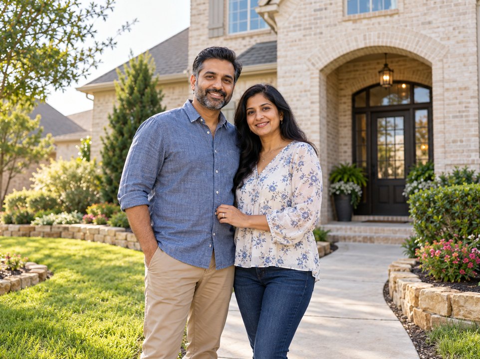 Plano homeowners insurance: couple outside a two-story brick home