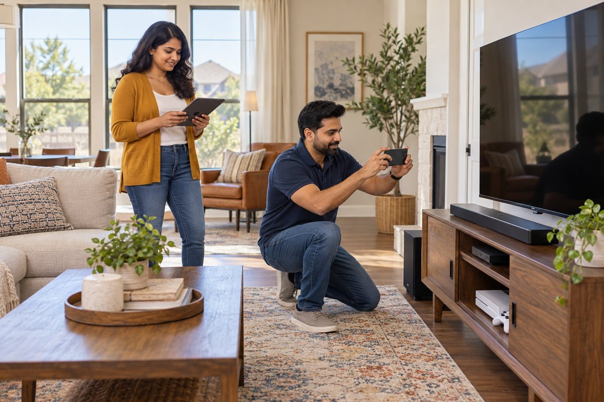 Homeowners documenting electronics with a smartphone and tablet for a personal property inventory