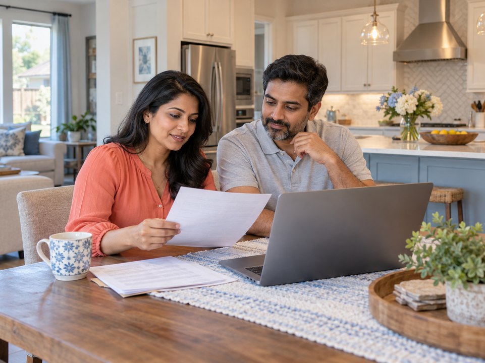 Homeowners comparing Plano home insurance quotes with a laptop and coverage paperwork