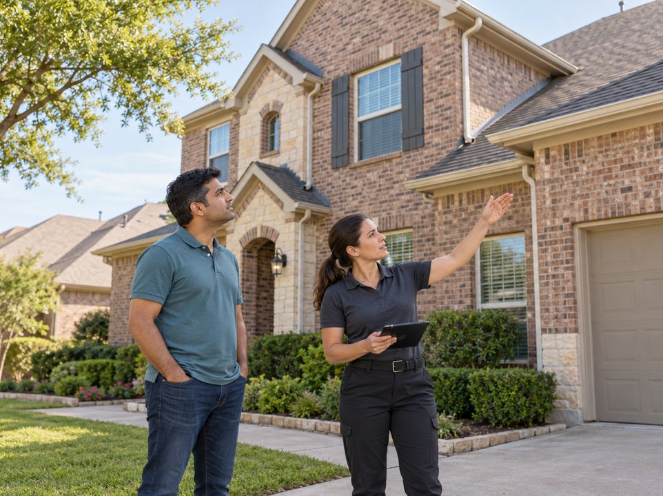 Homeowner and inspector reviewing roof and gutter condition
