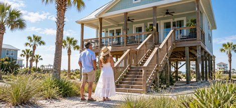 Couple looking up at an elevated coastal house and its raised porch