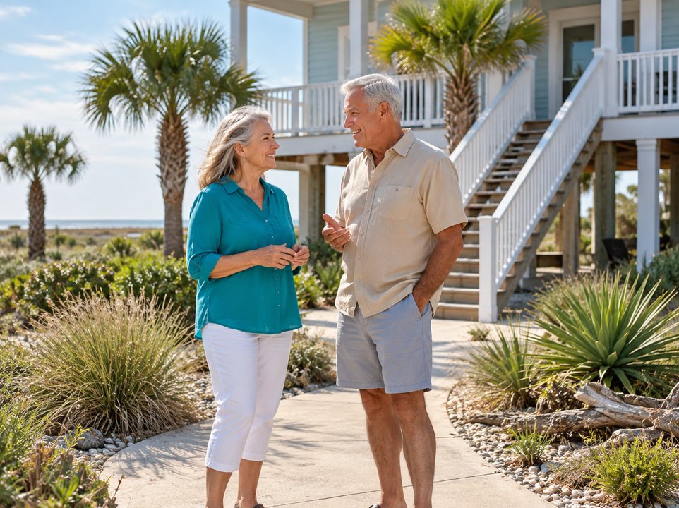Port Aransas homeowners insurance: couple outside a home with a landscaped front yard