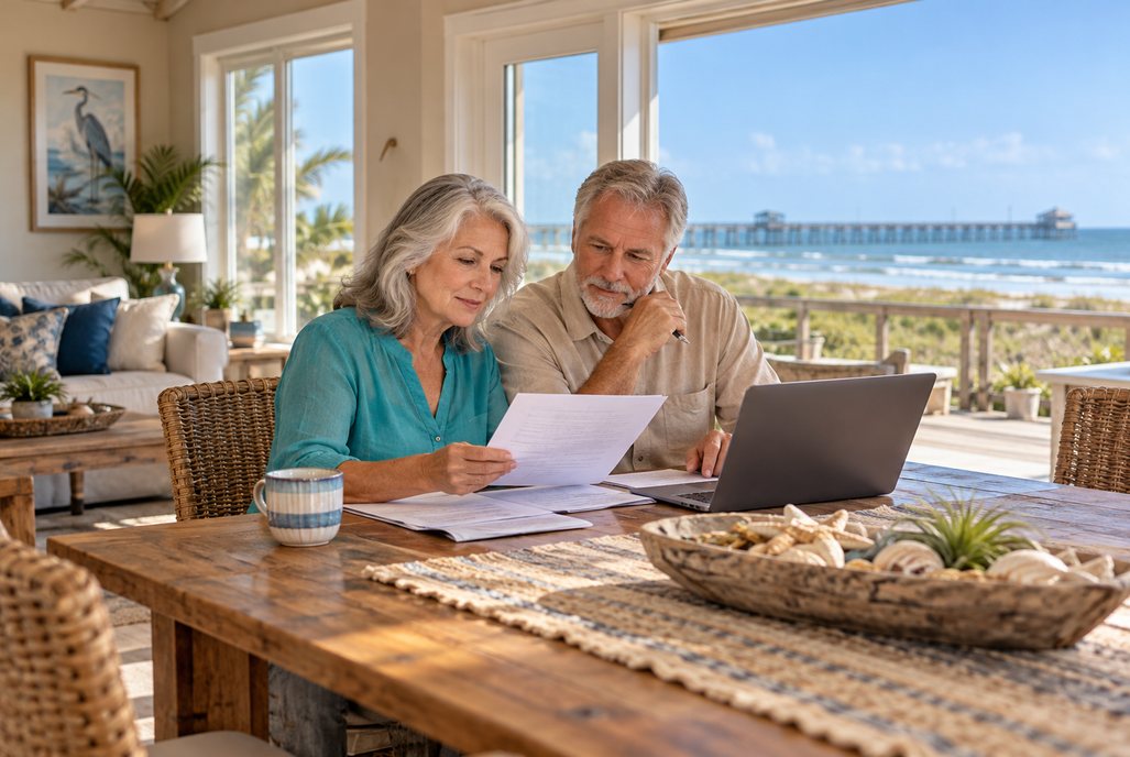 Couple comparing Port Aransas home insurance quotes with a laptop and coverage paperwork
