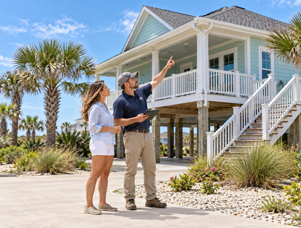 Homeowner and inspector reviewing a shingle roof and gutters from the ground with a tablet