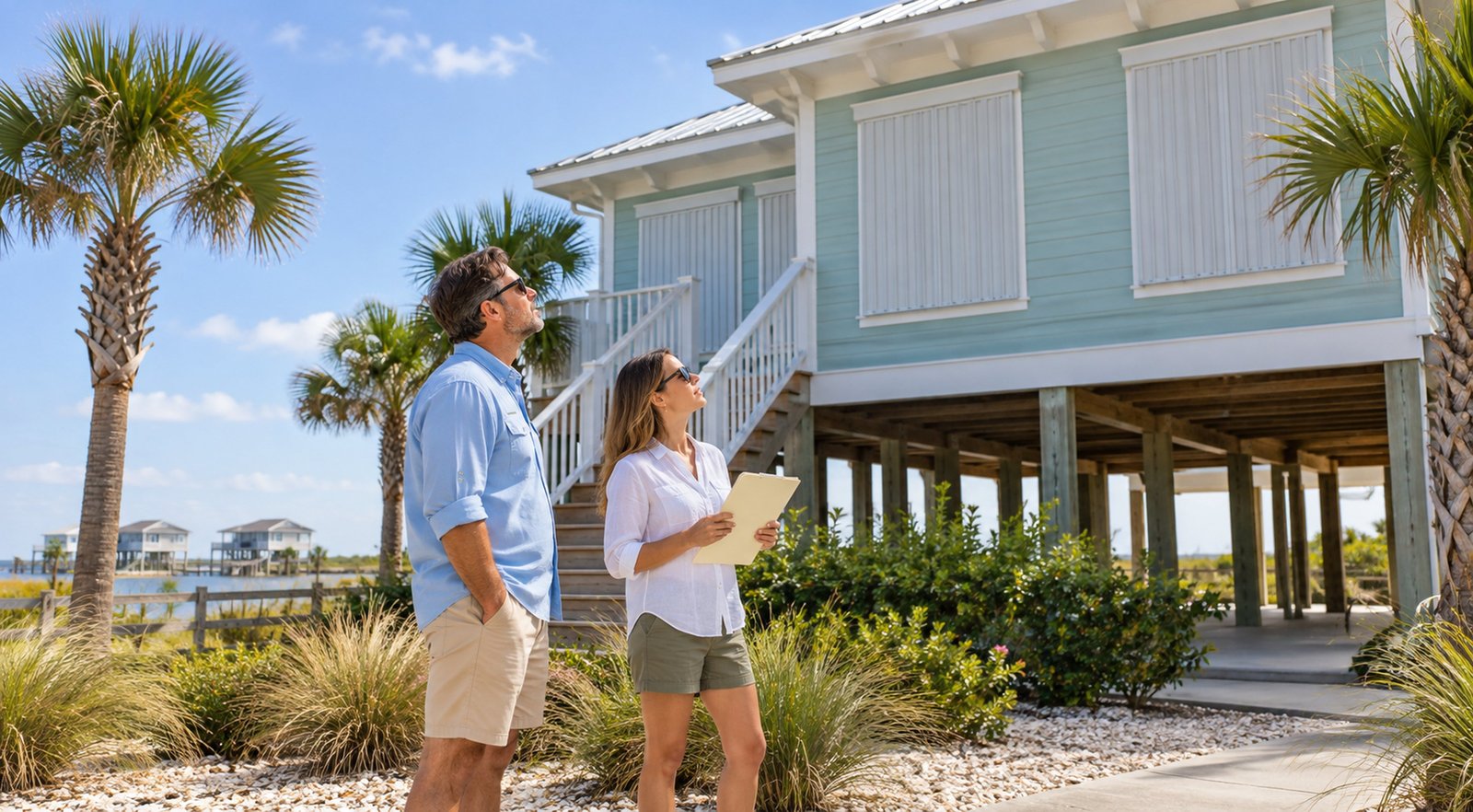 Residents reviewing window shutters outside a coastal home