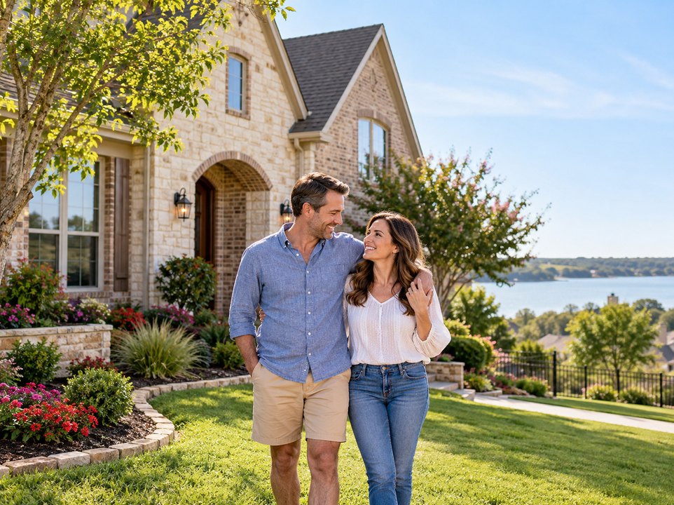 Rockwall homeowners insurance: couple outside a home with a landscaped front yard