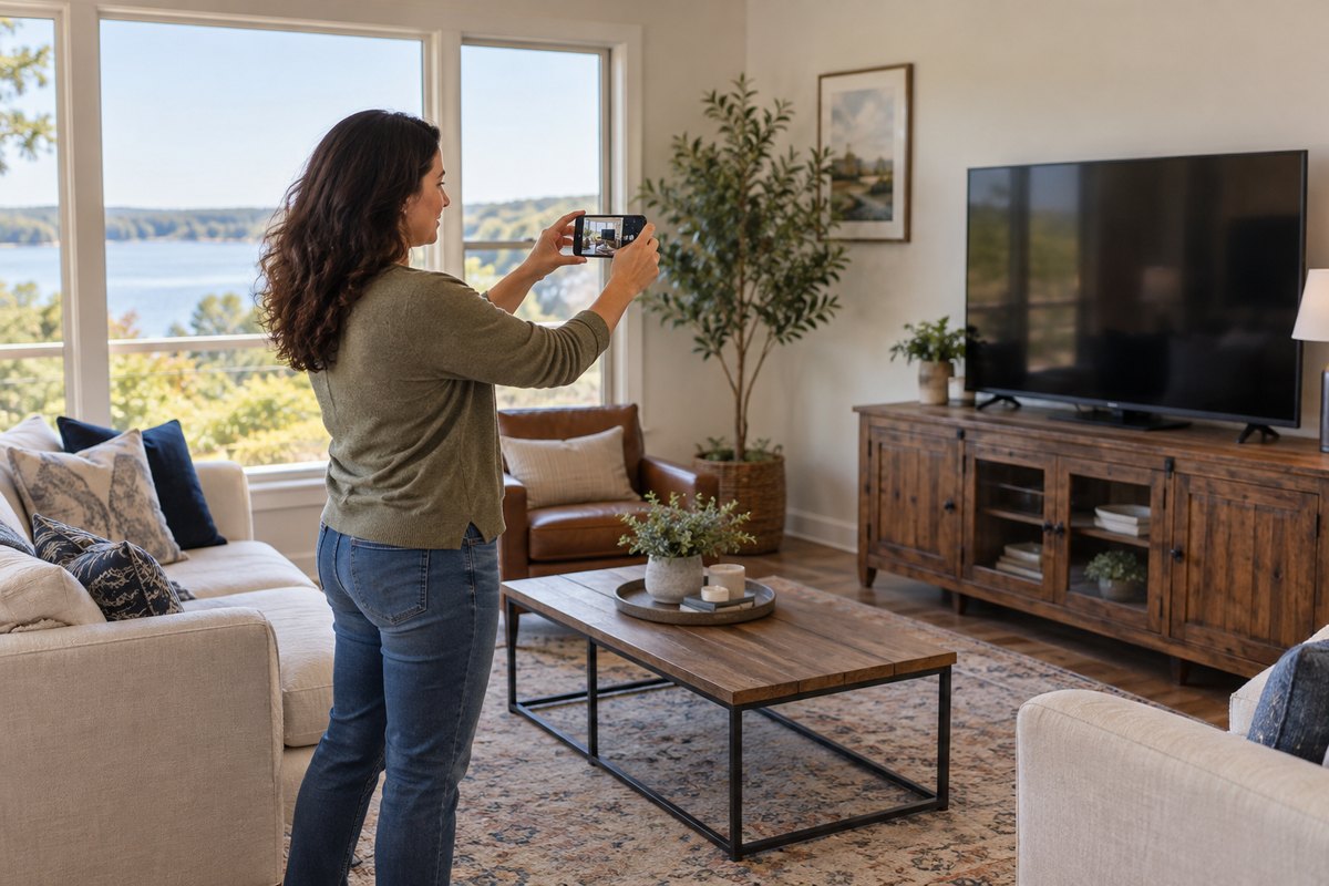Homeowner photographing living-room belongings with a phone for a personal property inventory