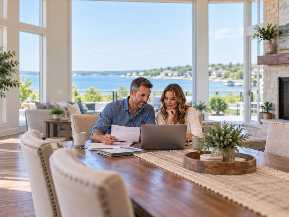 Couple comparing Rockwall home insurance quotes with a laptop and coverage paperwork