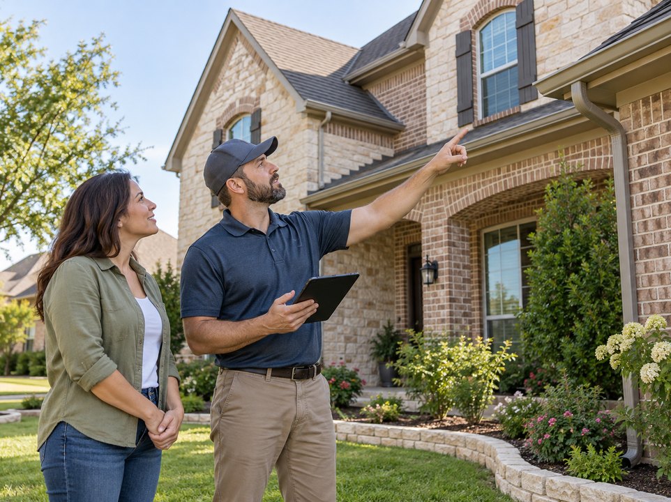 Homeowner and inspector reviewing a shingle roof and gutters from the ground with a tablet