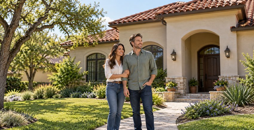 San Antonio homeowners insurance: couple outside a stucco home with a tile roof