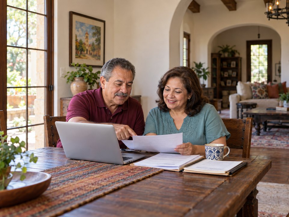 Homeowners comparing San Antonio home insurance quotes with a laptop and coverage paperwork