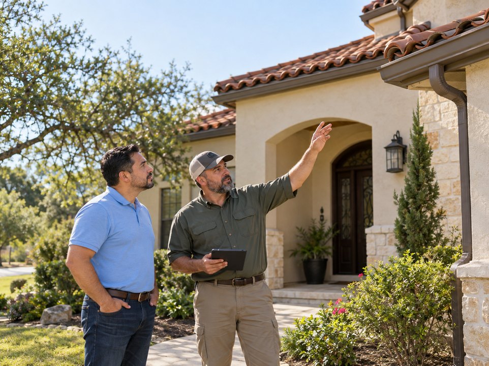 Homeowner and inspector reviewing a tile roof and rain gutters