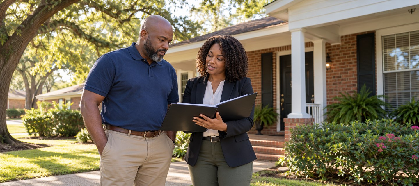 An owner and property manager reviewing Beaumont landlord insurance outside a shaded rental home