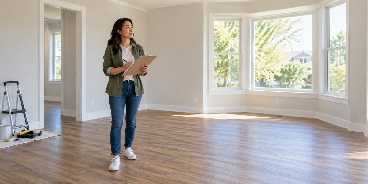 A property owner inspecting a freshly painted empty living room between tenants