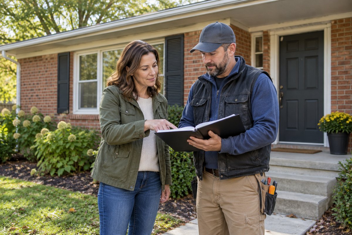 An owner reviewing maintenance records beside a rental home